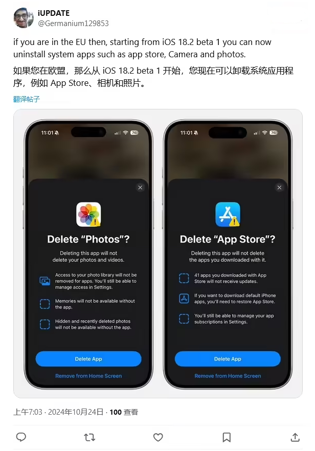 兴山苹果手机维修分享iOS 18.2 支持删除 App Store 应用商店 